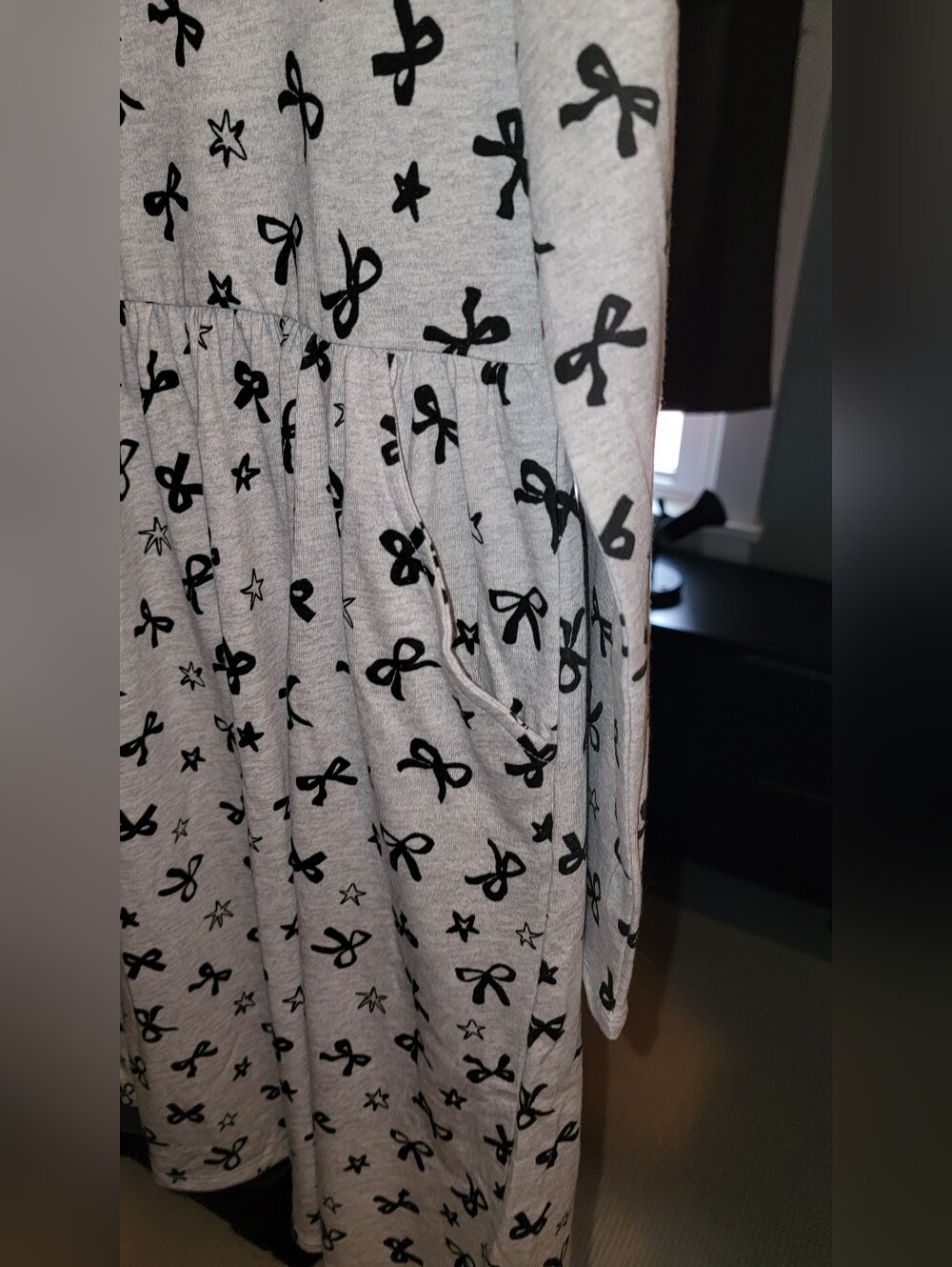 Girls Gray Bow Print Long Sleeve Dress